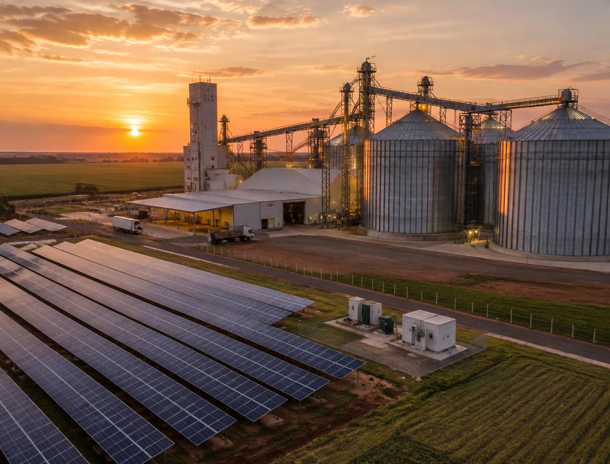 Propriedade rural com silos e usina solar ao pôr do sol