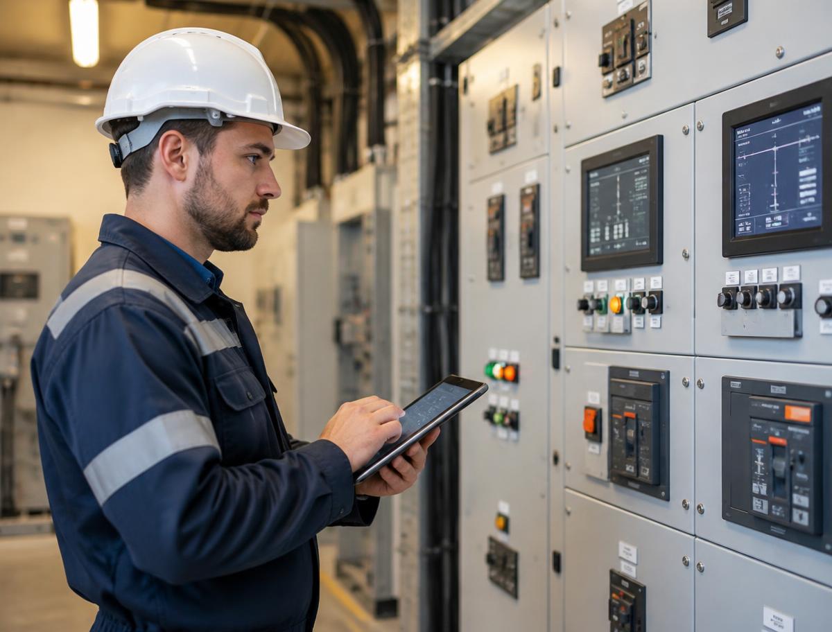 Engenheiro analisando painel elétrico industrial