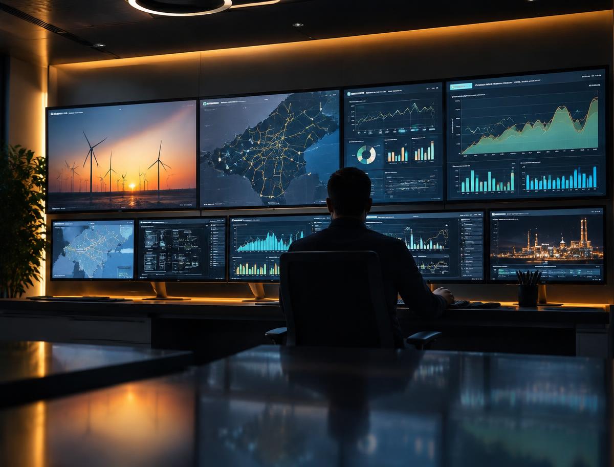 Sala de monitoramento com painéis de gestão energética