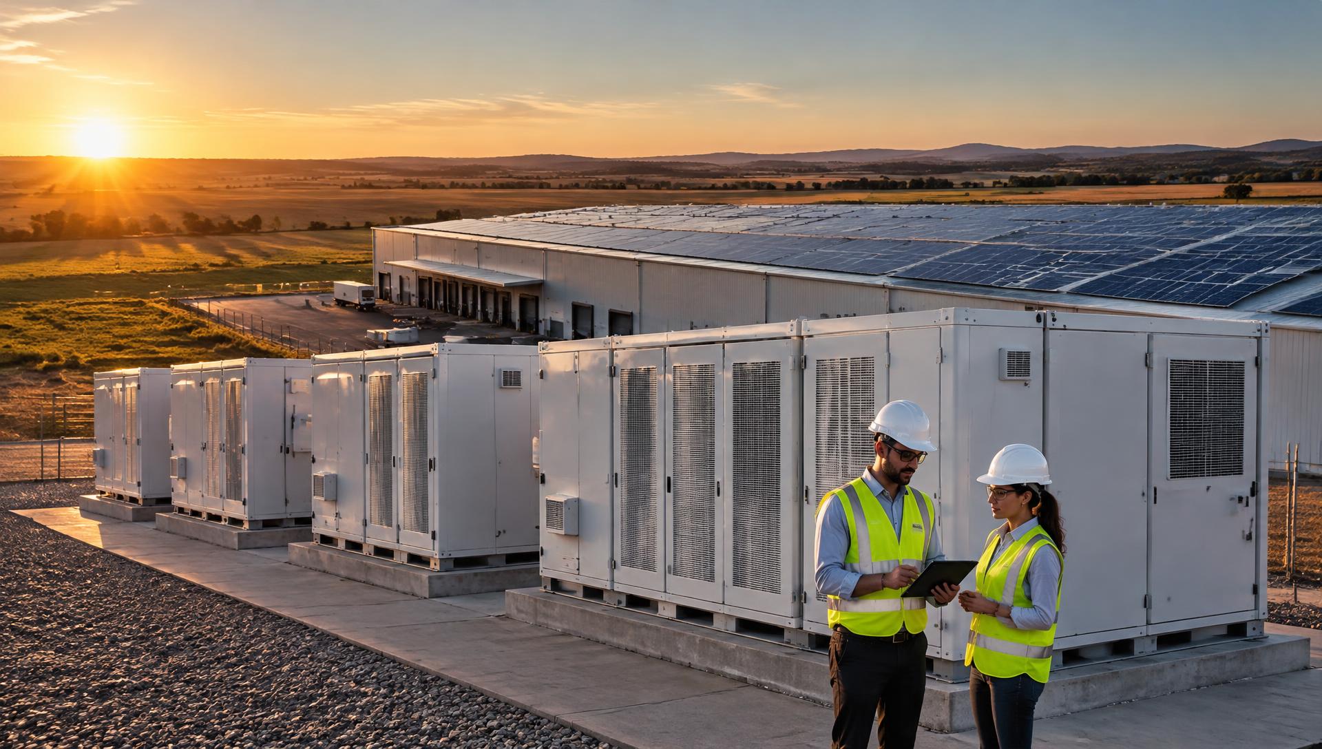 Engenheiros analisando usina solar com sistema de armazenamento em baterias