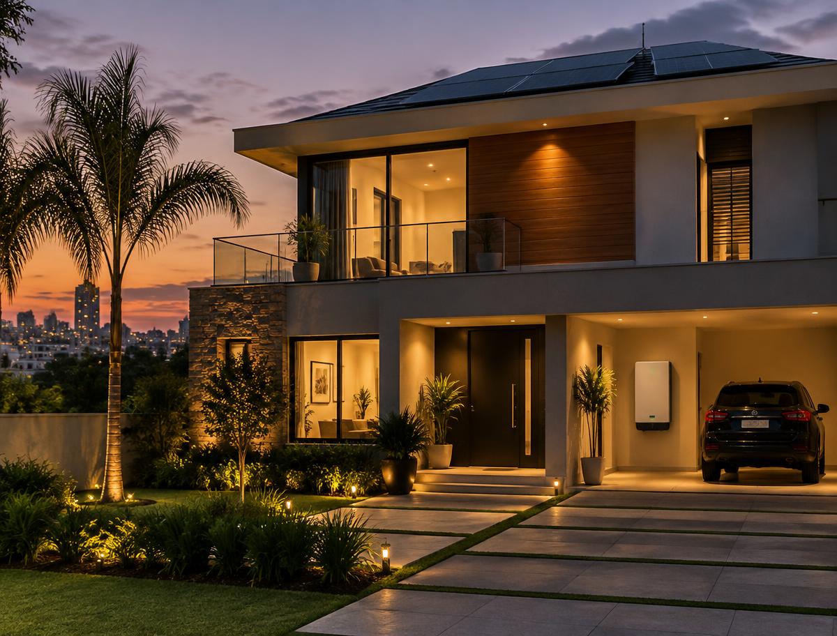 Residência moderna com painéis solares e bateria residencial